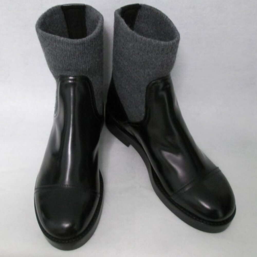 Crew Black Italian Leather Rib-Cuff Ankle Boots-Black/Gray-Various-NIB - Picture 1 of 13